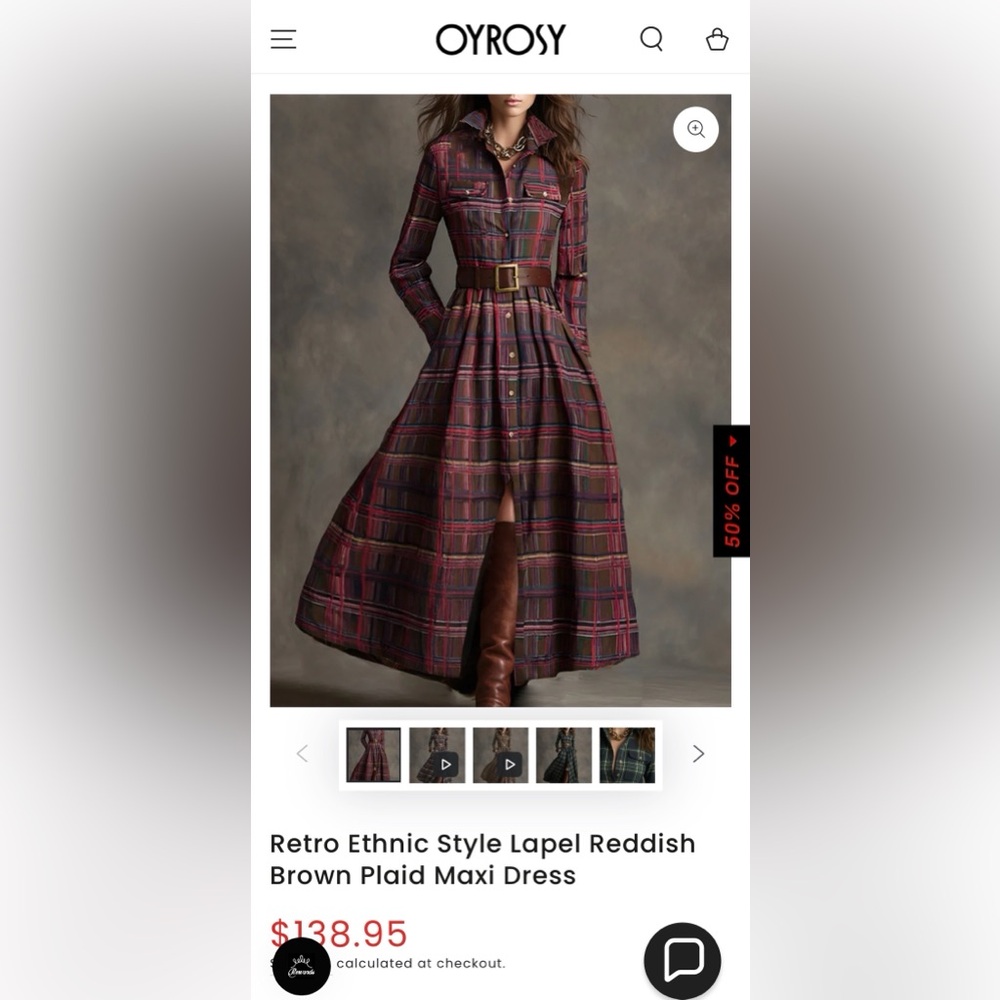 Oyrosy Retro Elegant Classy Lapel Reddish Brown Plaid Maxi Dress w/ Pockets - Picture 16 of 16